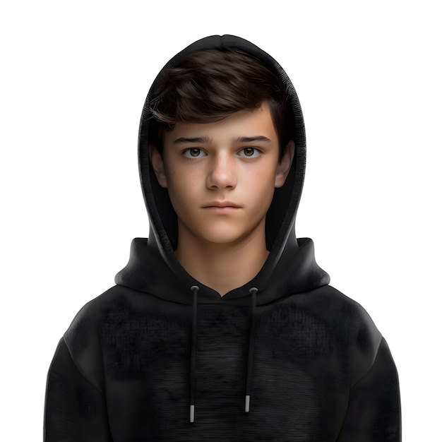 Gratis PSD 3d-illustratie van een tiener in een zwarte capuchon geïsoleerd op een witte achtergrond