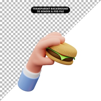 3d illustratie van hand die hamburger houdt