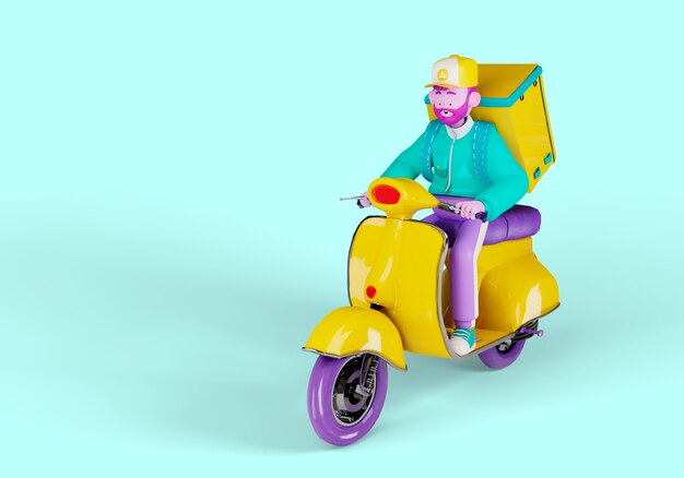 3d illustratie van het karakter van de bezorger met voedseldoos op scooter