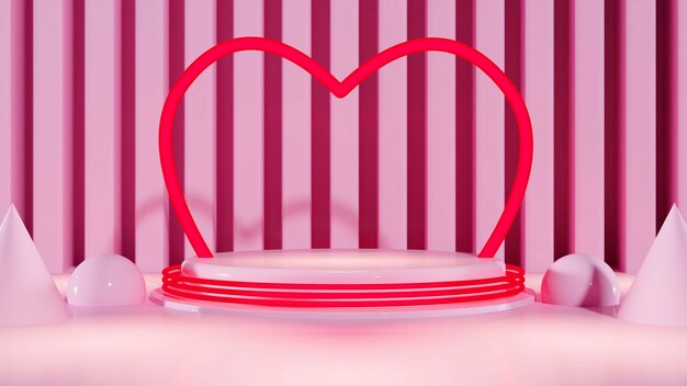 3d illustratie van neonlichtpodium met hart voor valentijnsdag
