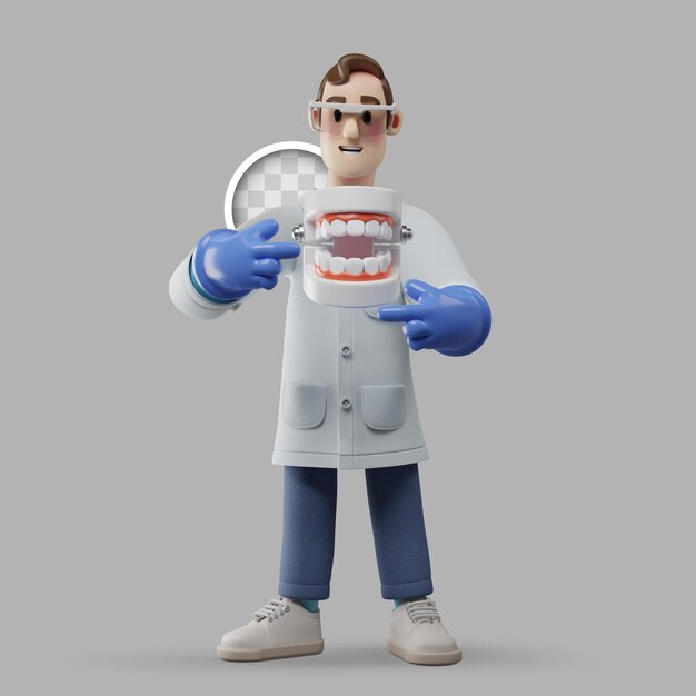3d illustratie van tandarts die naar mondverzorging wijst