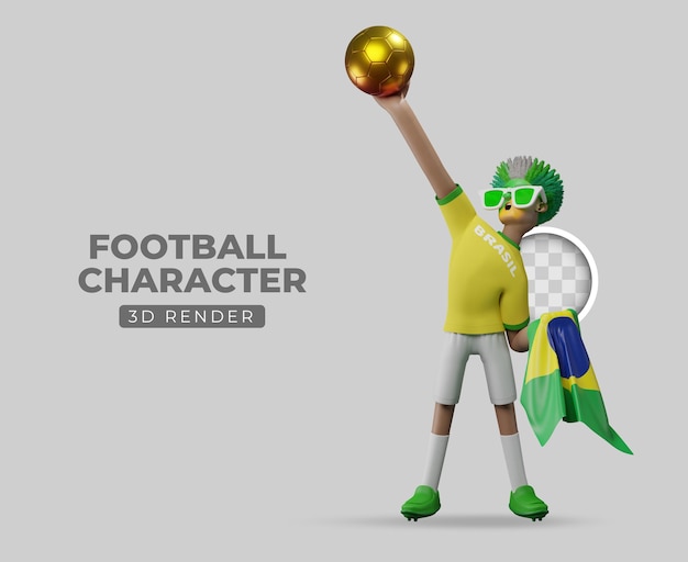 Gratis PSD 3d illustratie voetbalfan die gouden bal opheft