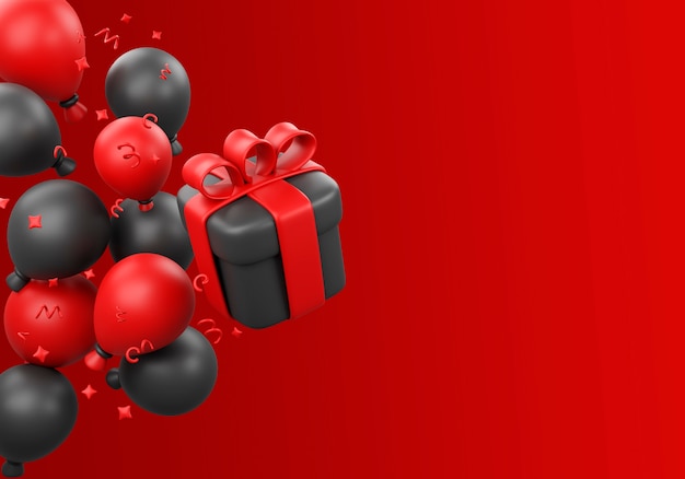3d illustratie voor zwarte vrijdagverkoop met ballonnen en geschenken