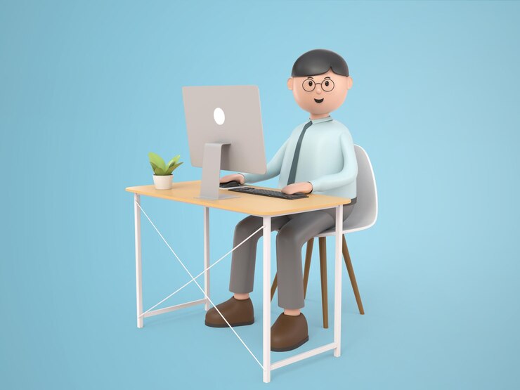 PSD Gratis 3d illustration cartoon character businessman wearing glasses working on desktop computer on desk in office