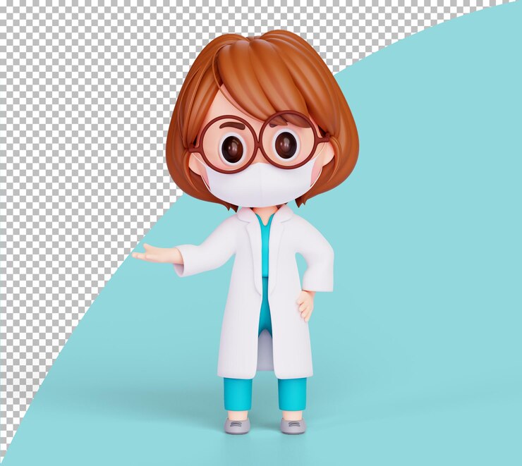 PSD Gratis 3d illustration karakter kartun dokter wanita lucu presentasi ruang salin spanduk perawatan kesehatan dan medis