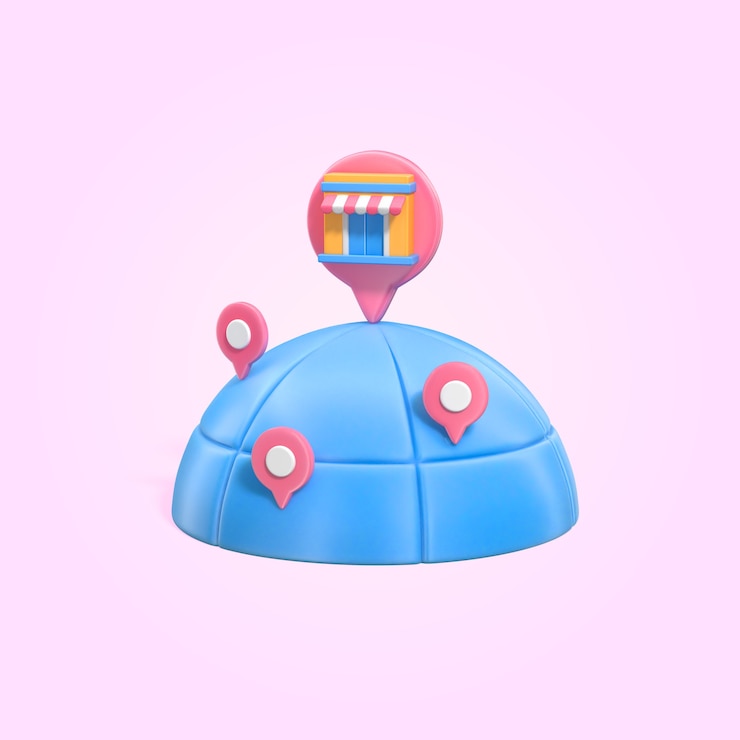 PSD Gratis 3d illustration of a storefront location with map pins