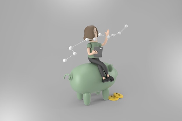 3D karakter jonge vrouw in bedrijfsconcept
