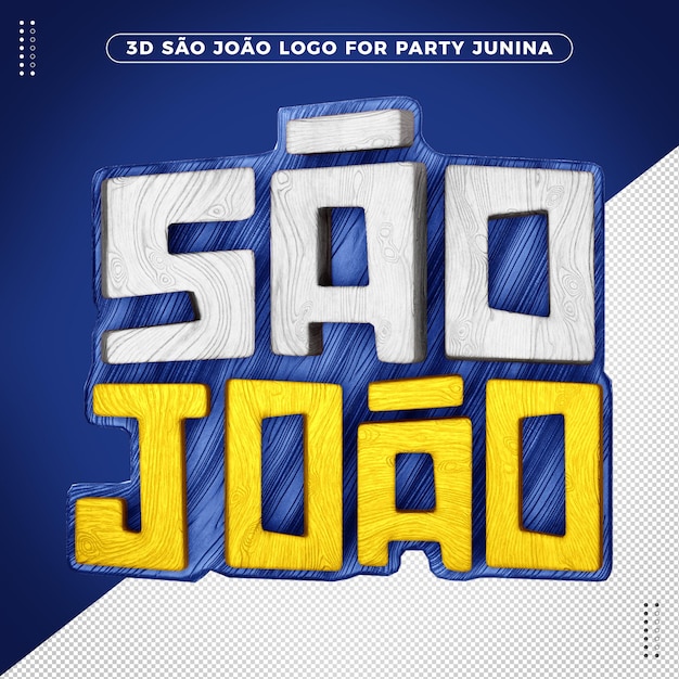 3d-logo sao joao festa junina met realistische houten textuur blauw met geel