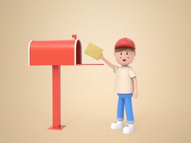 3d mannelijk stripfiguur die een brief aflevert bij een brievenbus