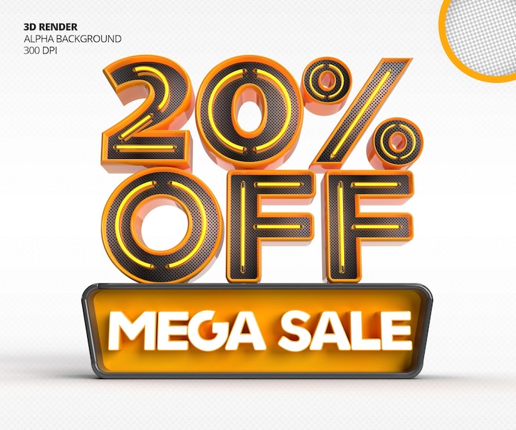 PSD Gratis 3d mega sale logo with 20 percent discount or offer in 3d rendering design template