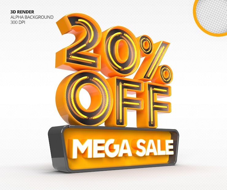 PSD Gratis 3d mega sale logo with 20 percent discount or offer in 3d rendering design template