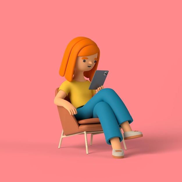 3D-meisjeskarakter dat haar telefoon controleert terwijl ze zit