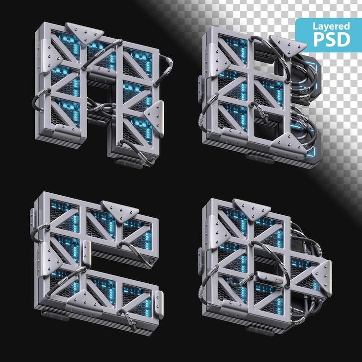 Gratis PSD 3d-metalen letters a, b, c, d met gloeiend effect