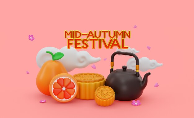 3D-mock-up voor mid-herfstfestival met een assortiment aan elementen