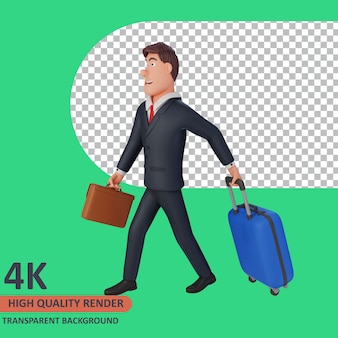 3d-model rendering zakenman stripfiguur wandelen met tassen en koffers