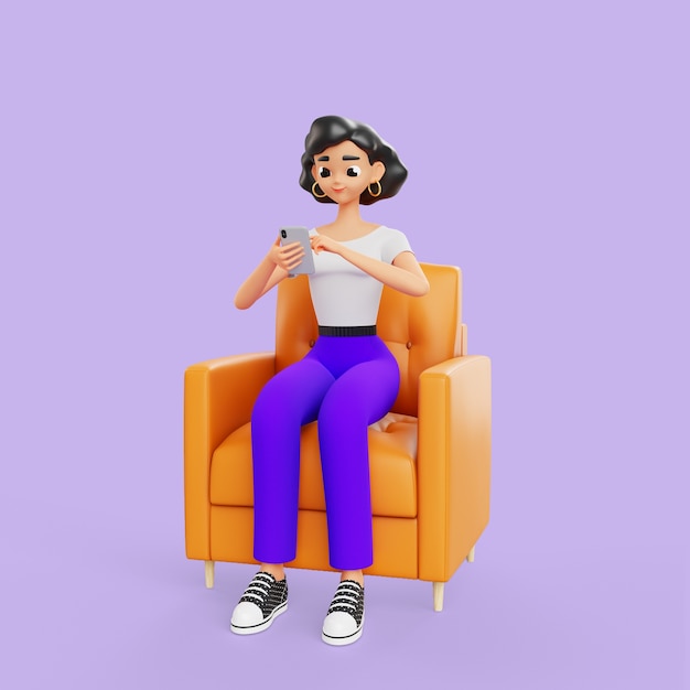 3d mujer sentada en una silla con teléfono inteligente