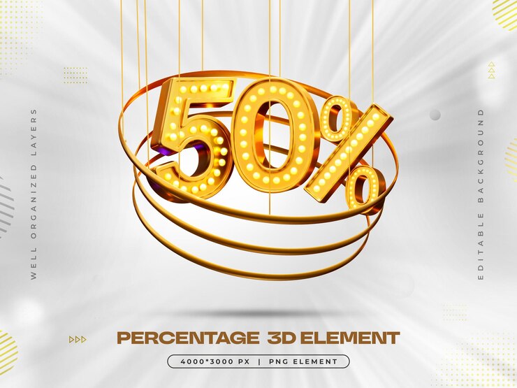 PSD gratuito 3d número 50 por ciento de oro ofrecimiento aislado rendering