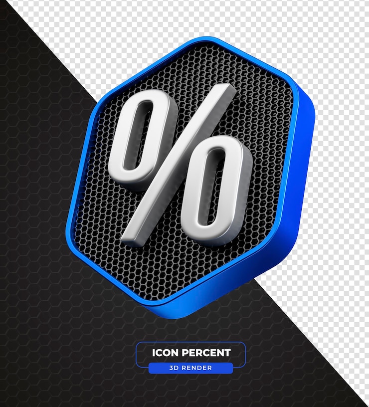 Gratis PSD 3d percentage icon op zeshoekige achtergrond in 3d render met transparante achtergrond