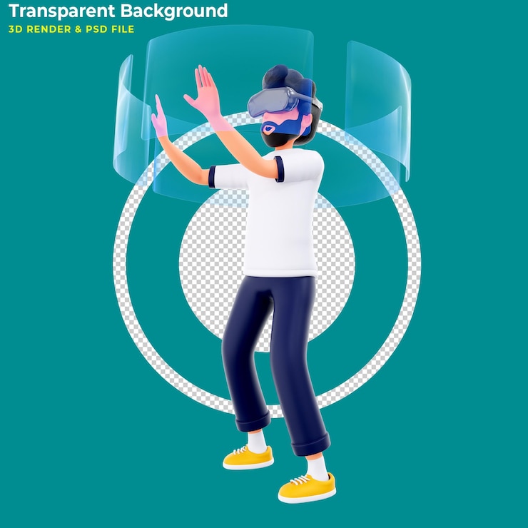 Gratis PSD 3d-personage met behulp van virtual reality-bril en ontroerende vr-interface 3d illustratie
