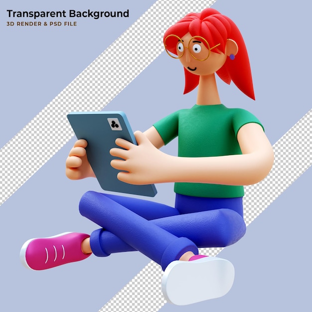 PSD gratuito 3d personaje femenino con dispositivo de tableta