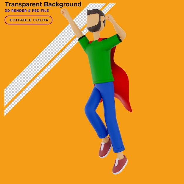 3d personaje masculino con capa de superhéroe lanzándose al vuelo