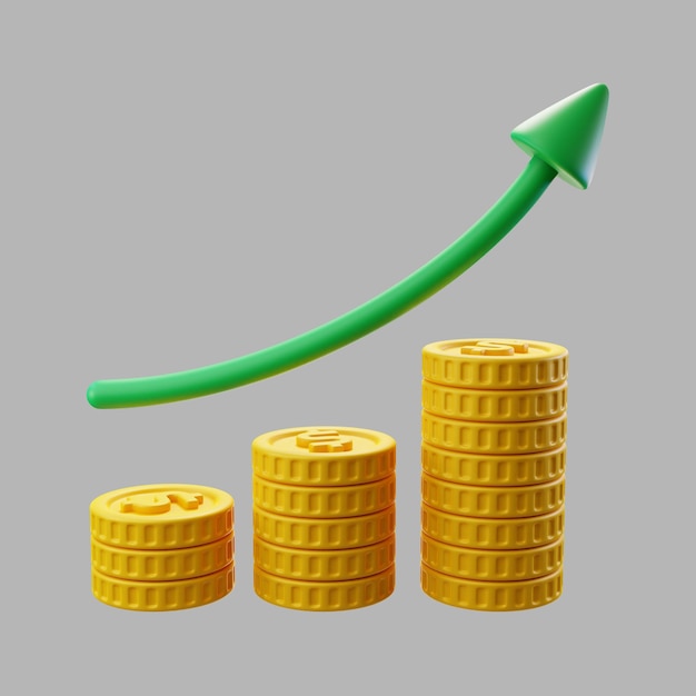 3d pilas de monedas de un dólar con flecha de crecimiento
