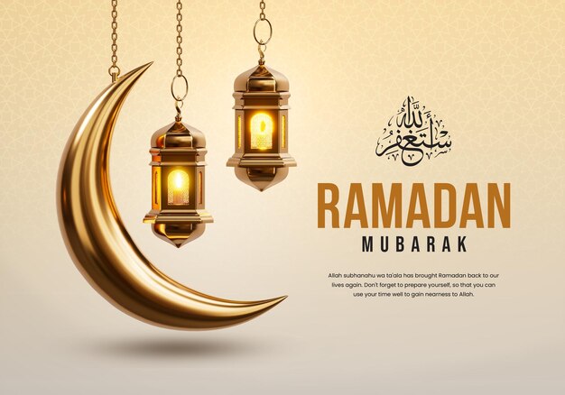 3d ramadan kareem sociale bannermalplaatje met halve maan en islamitische lantaarns