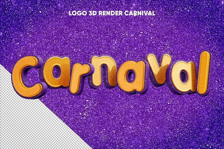 PSD gratuito 3d rende il logo di carnevale con struttura realistica di glitter viola con arancione