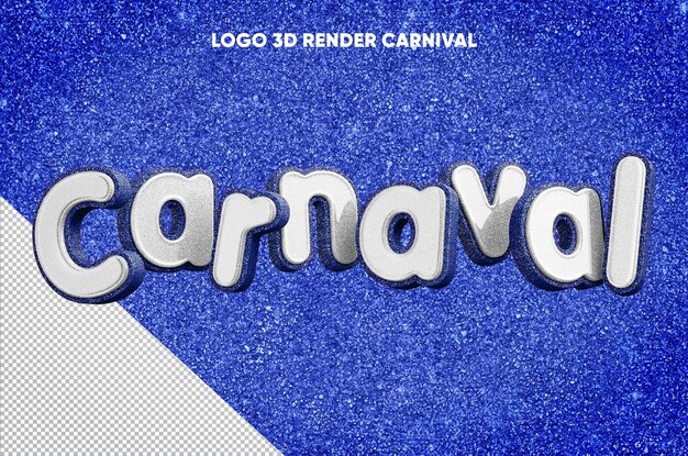 3D render carnaval-logo met realistische blauwe glittertextuur met wit