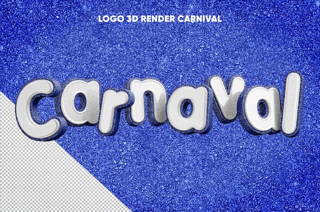 3D render carnaval-logo met realistische blauwe glittertextuur met wit