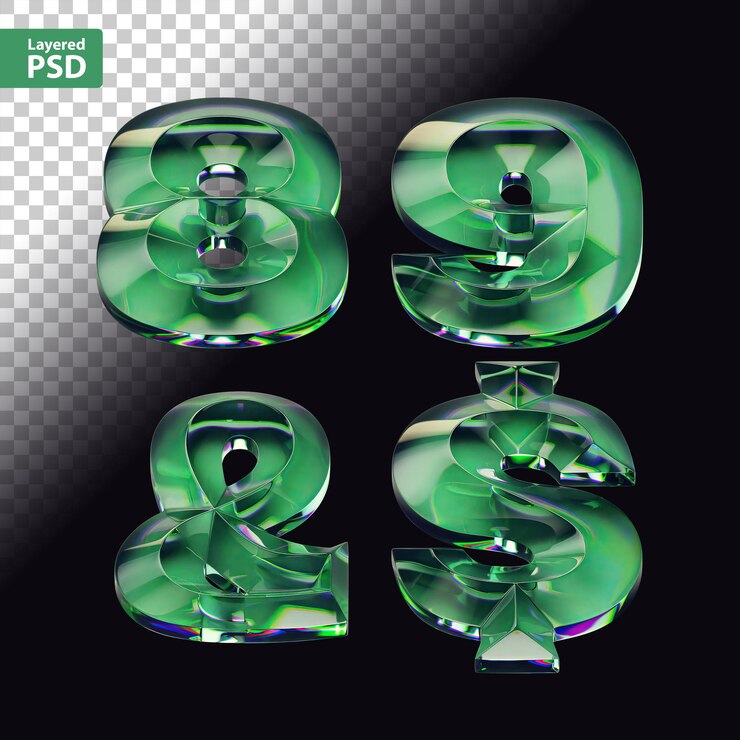 PSD Gratis 3d render of font set with letters made of glossy green glass