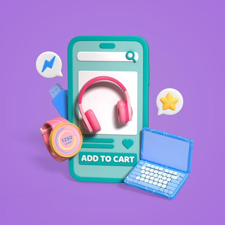 PSD gratuito 3d render of a mobile app with shopping elements