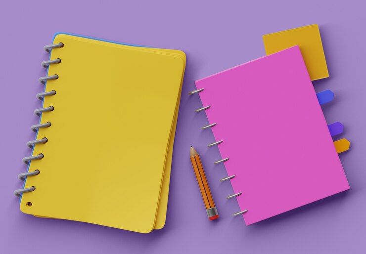 Gratis PSD 3d-render van boeken en notitieboekjes, reclamebanner op een blanco achtergrond