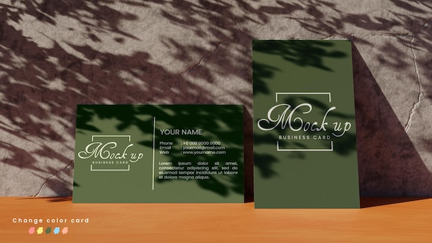 3d render visitekaartje mock-up met hout en beton materiële achtergrond en bladschaduw