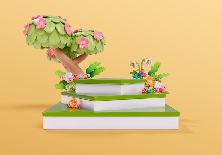 PSD Gratis 3d rendering of nature and flowers sales podium