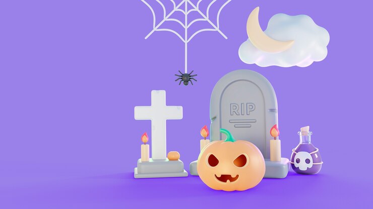 PSD gratuito 3d rendono lo sfondo di halloween con elementi spaventosi