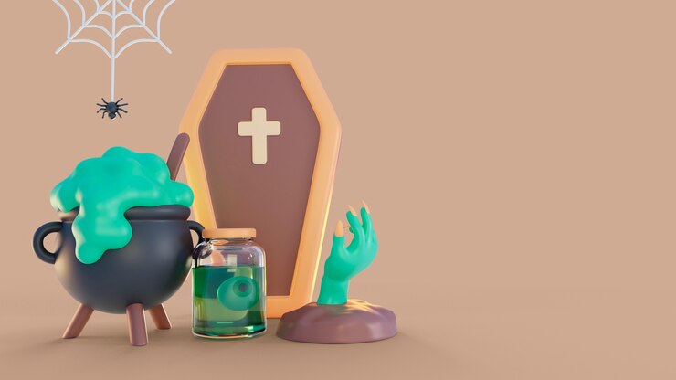 PSD gratuito 3d rendono lo sfondo di halloween con elementi spaventosi