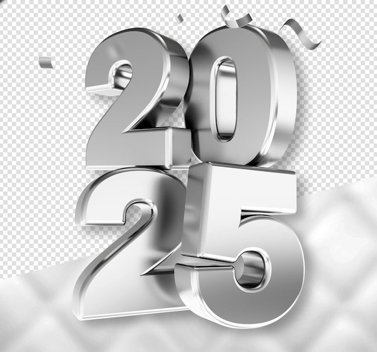PSD Gratis 3d text new year 2025 silver realistic rendering new year celebration