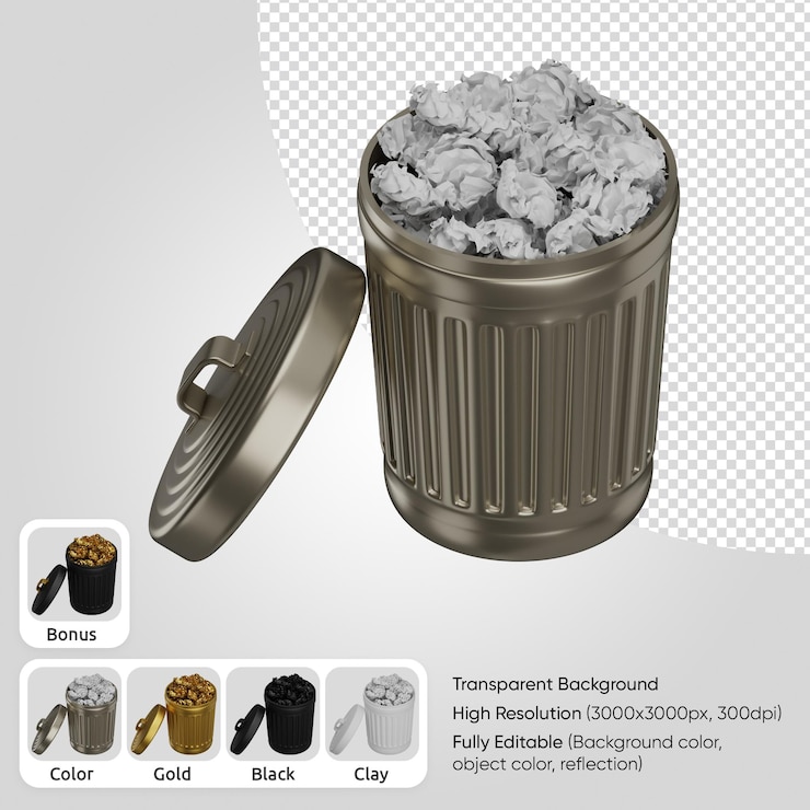 PSD Gratis 3d trash can with paper