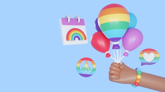 3D-trotsachtergrond met hand met regenboogballonnen