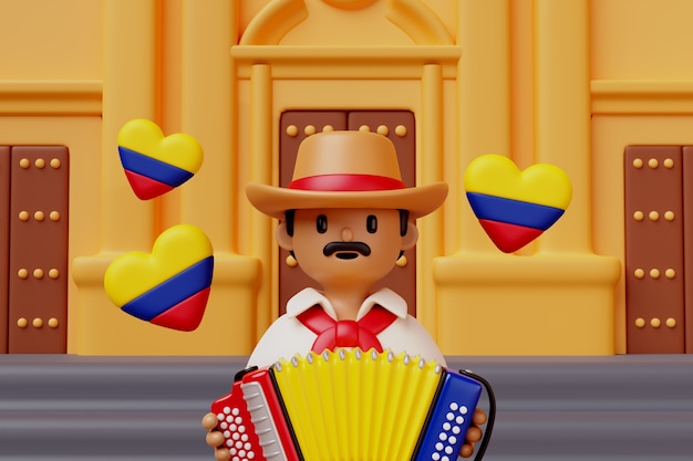 3d-weergave van colombiaanse man met accordeon