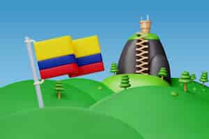 Gratis PSD 3d-weergave van de colombiaanse vlag op heuvels