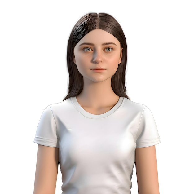 Gratis PSD 3d-weergave van een jonge vrouw met een wit blanco t-shirt