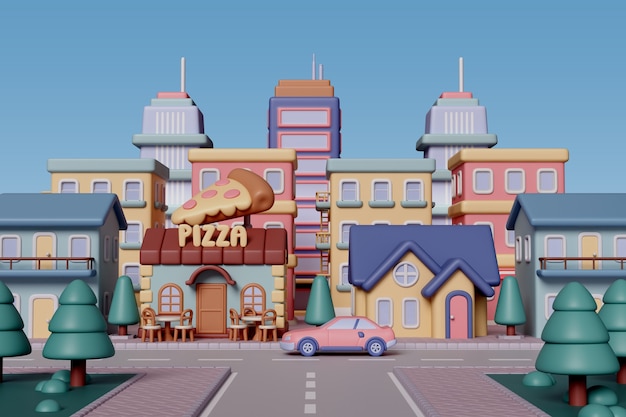 3D-weergave van een stadsillustratie.