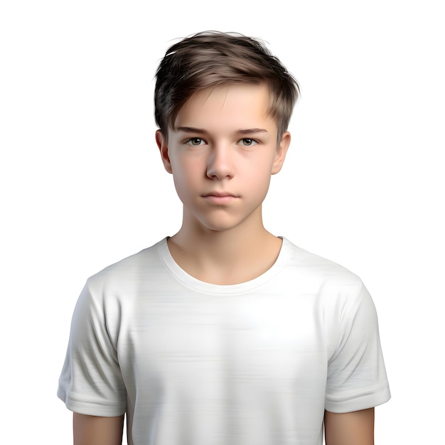 3d-weergave van een tienerjongen in een wit t-shirt geïsoleerd op een witte achtergrond