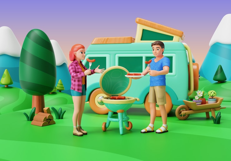Gratis PSD 3d-weergave van personages die kamperen