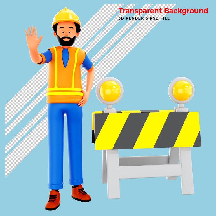 PSD Gratis 3d worker and under construction sign 3d rendering isolated