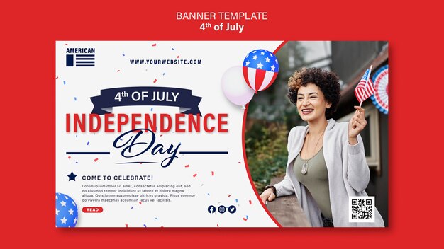 4 luglio modello di banner orizzontale con coriandoli