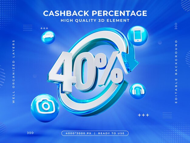 40 por ciento de devolución de dinero icono aislado ilustración de renderización 3D