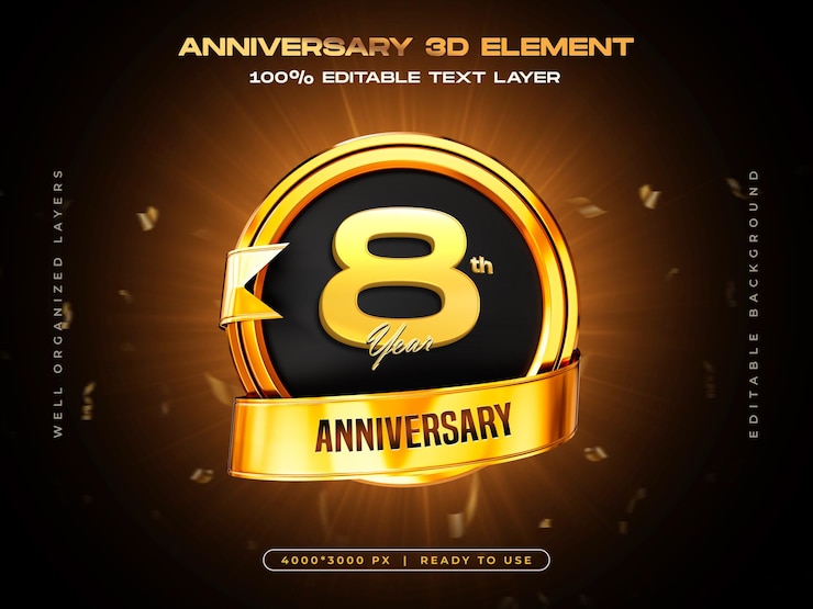 PSD Gratis 8th anniversary celebration 3d golden badge template for composition
